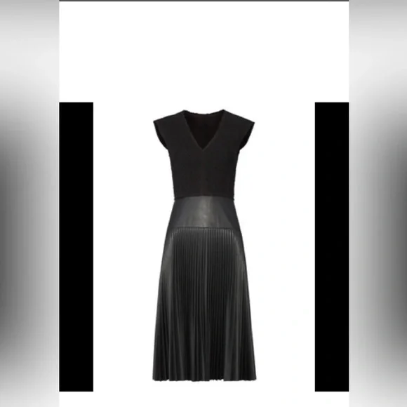 Rebecca Taylor V-Neck Faux Leather / Knit Dress | Size 0 | Black - Picture 2 of 7
